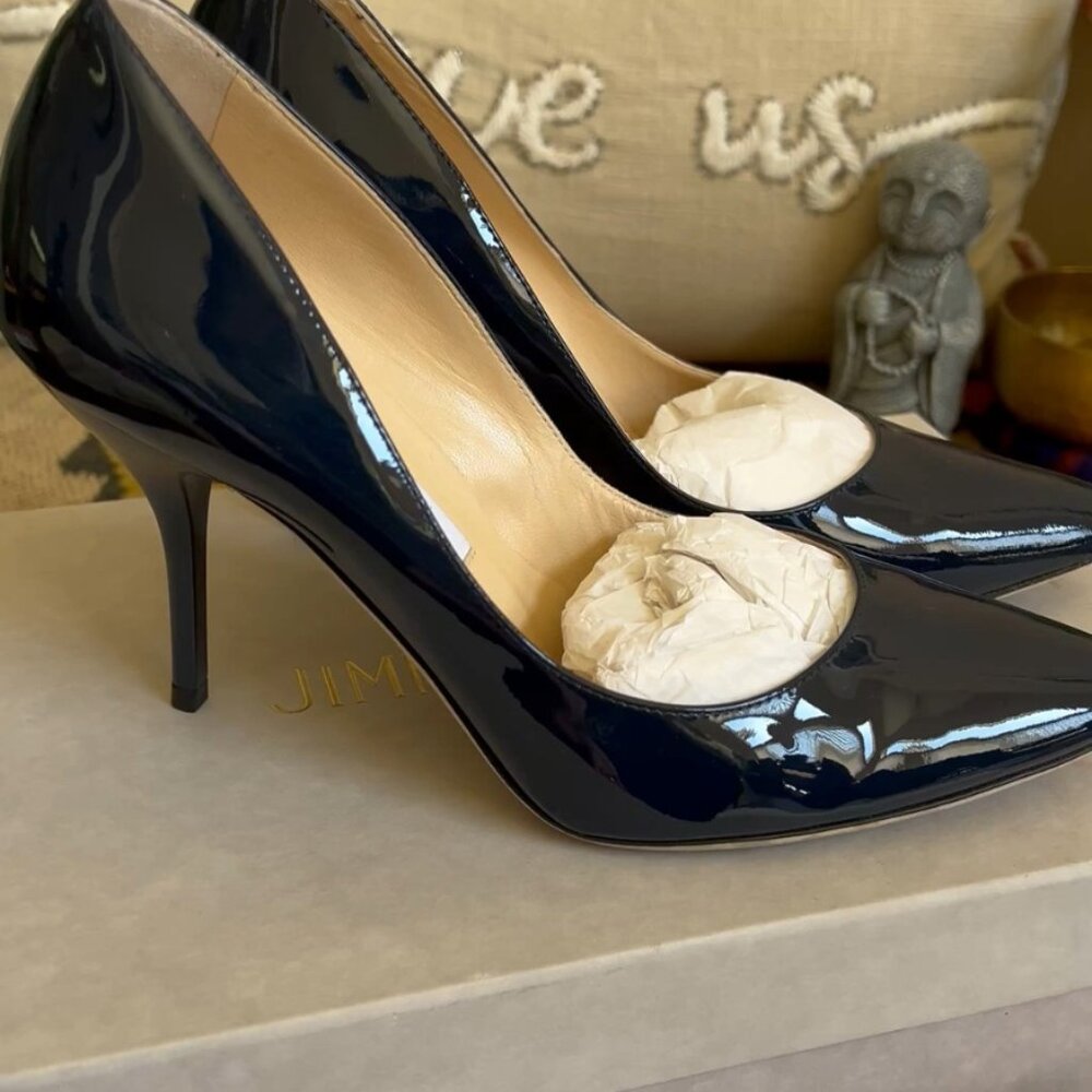 Jimmy Choo MEI Navy Patent Leather Almond Toe Pump Heels - Picture 11 of 15